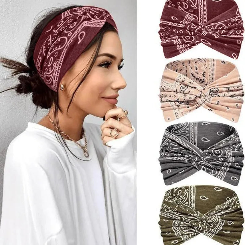 Women's Boho Paisley Print Twist Knotted Wide Headband, Stretchy Non Slip Fabric Head Wrap Hair Band for Yoga Workout Daily Wear, 4 Pack