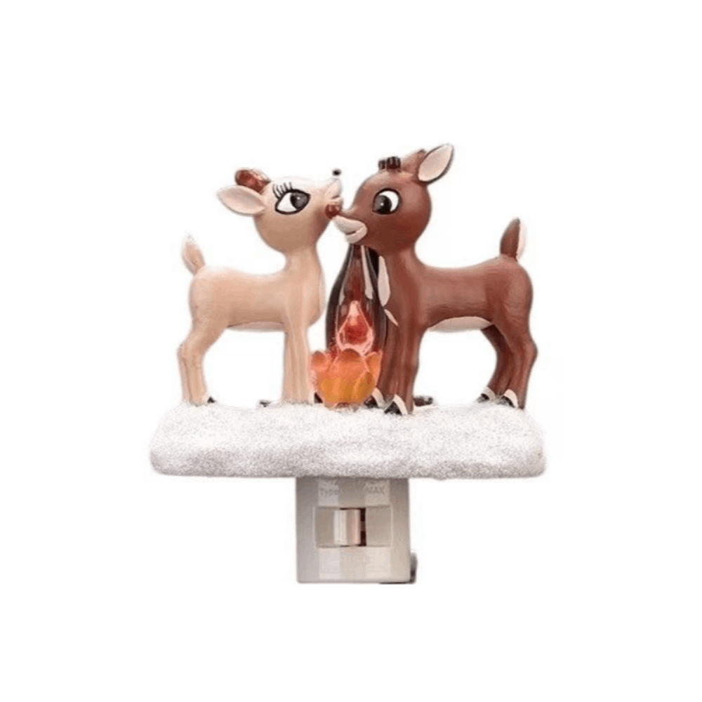 Reindeer Night Light with Flickering Flame–LED Faux Campfire Lamp for Christmas & Halloween Decor, Warm White Twinkling Nightlight for Living Room