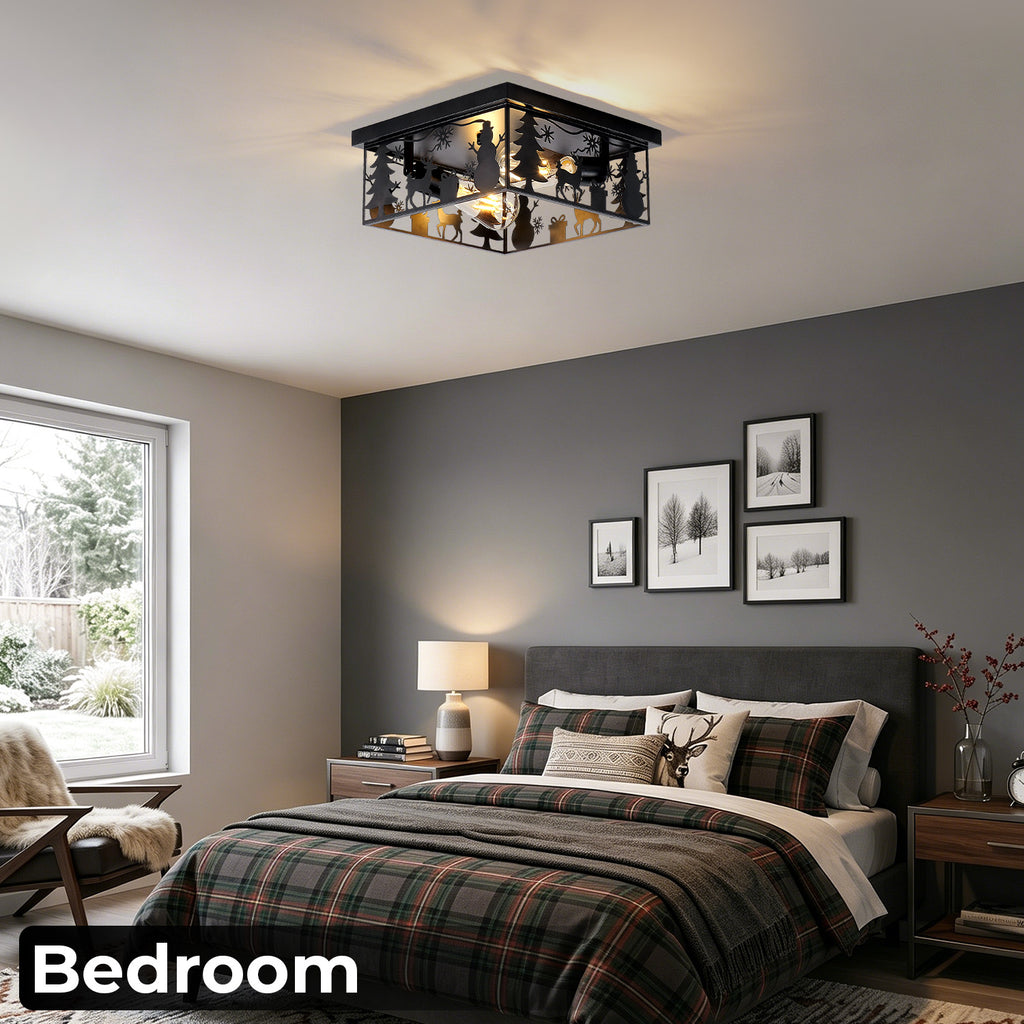 Matte Black Square Flush Mount Ceiling Light, Christmas Snowman Deer Tree Cutout Iron Ceiling Lamp, Vintage E26 Ceiling Light for Bedroom Hallway