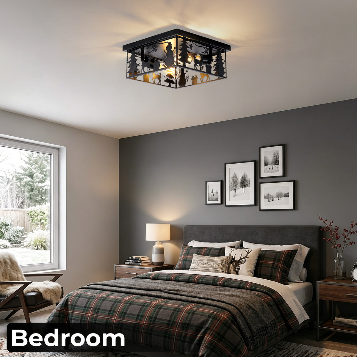 Matte Black Square Flush Mount Ceiling Light, Christmas Snowman Deer Tree Cutout Iron Ceiling Lamp, Vintage E26 Ceiling Light for Bedroom Hallway