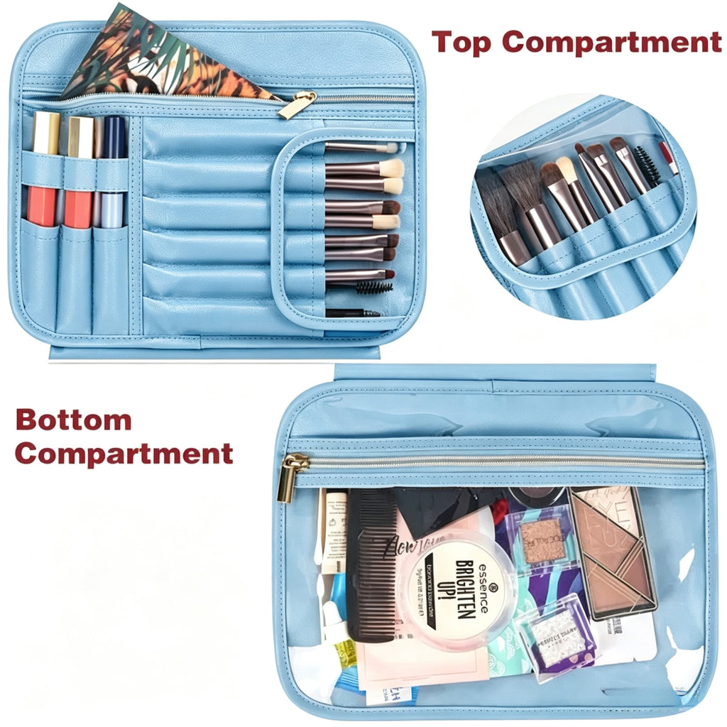 PU Leather Hanging Travel Toiletry Bag, Large Capacity Waterproof Makeup Organizer Case with Hook, Portable Cosmetic Storage Bag for Vacation Business Trip