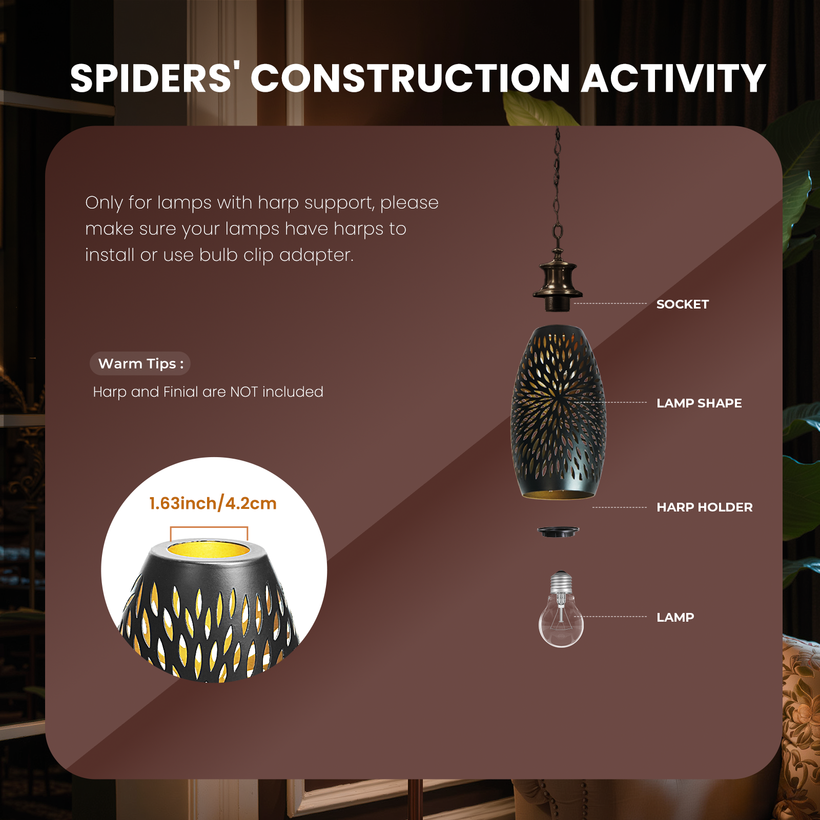 Etched Hollow Oval Pendant Shade – 7.8×4.7 Inch&1-5/8" Fitter