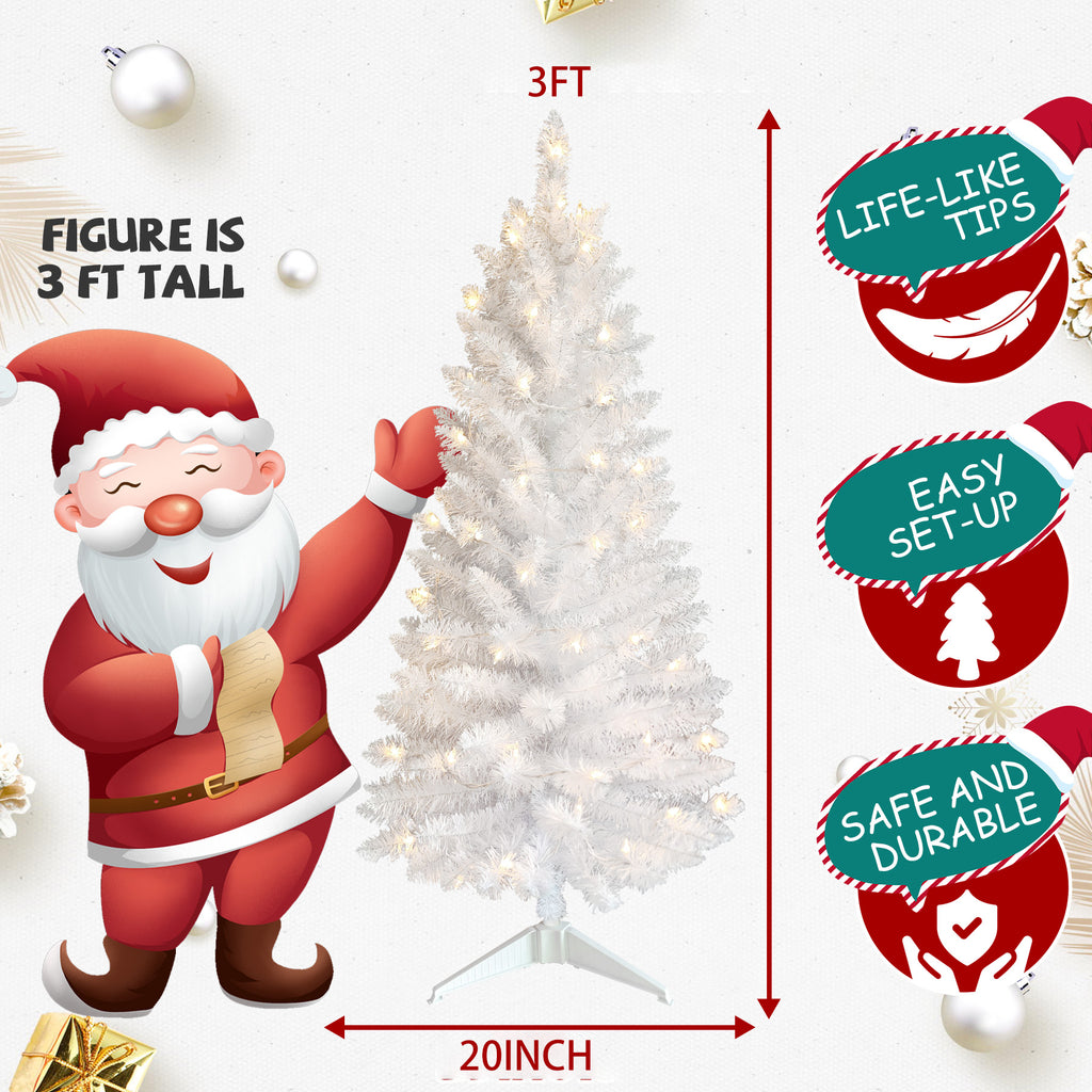 3 FT White Christmas Tree with 30 Pre-Strung UL Lights, 88 Tips Artificial Holiday Tree with Plastic Stand for Indoor Home Decor.