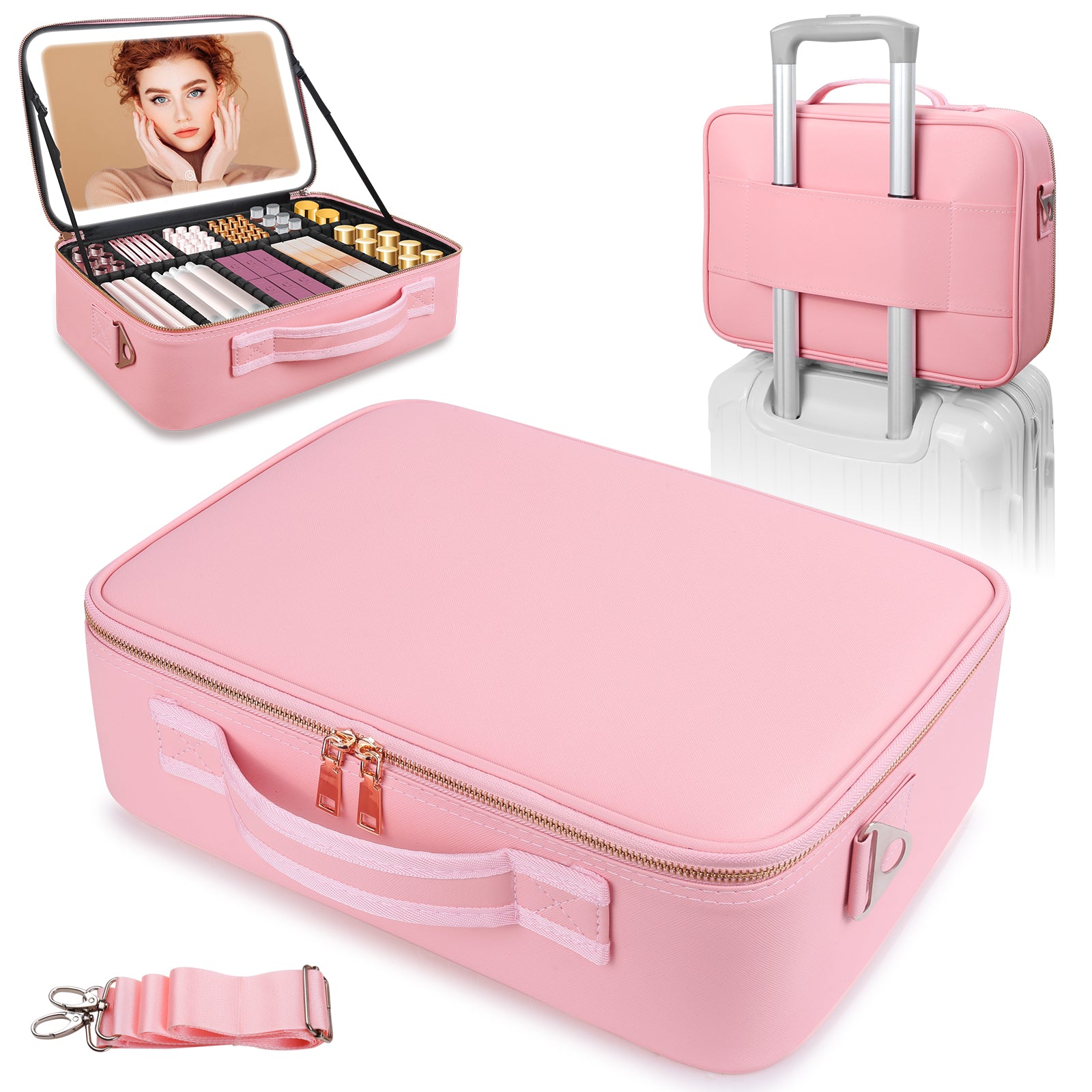 15" Lighted Makeup Organizer 3Color Mirror Adjustable Dividers Travel Ready