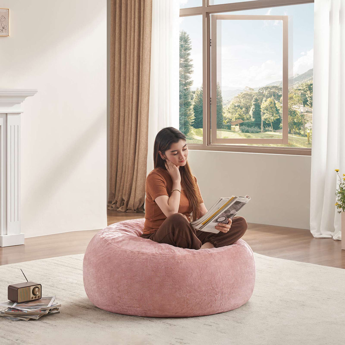 3 ft Pink Bean Bag Chair with Memory Foam Filling, Soft Teddy Velvet, Removable Washable Cover for Living Room