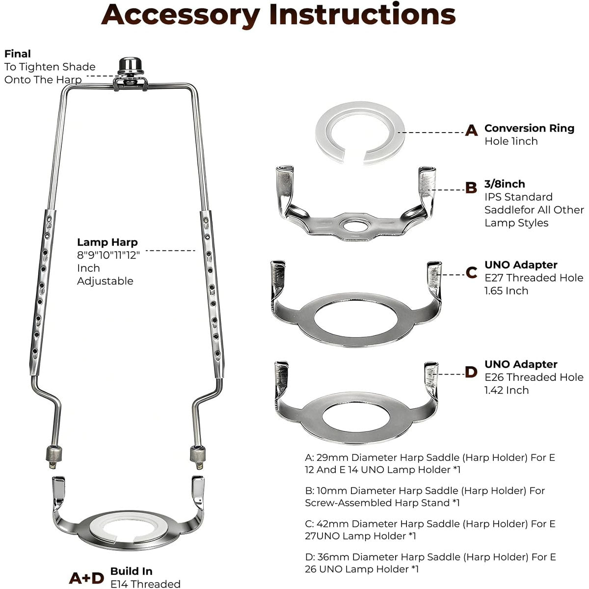 ALUCSET Adjustable Lamp Harp Holder, 8-12 Inch Lampshade Bracket Kit with UNO Fitter Adapter, Compatible with E14 E26 E27 Lamp Base and Standard Lamp Rod
