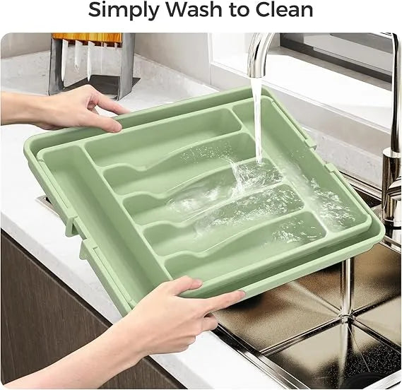 AEELLEEA Expandable Silverware Organizer Tray, Green Adjustable Kitchen Drawer Utensil Holder for Flatware