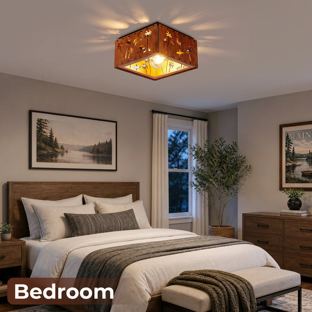 Square Walnut Flush Mount Ceiling Light, Tropical Palm Tree Cutout Wood Iron Ceiling Lamp with E26 Socket, Vintage Rustic Ceiling Light for Bedroom Hallway