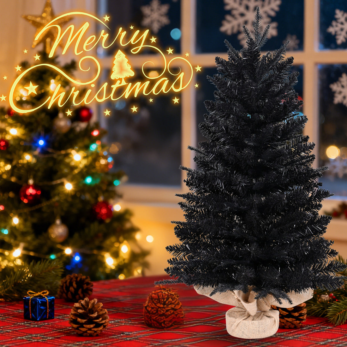 2.5ft Black Artificial Mini Christmas Tree, Small Tabletop Christmas Tree with Burlap Base, Hinged Branches for Home Table Holiday Halloween Xmas Decor