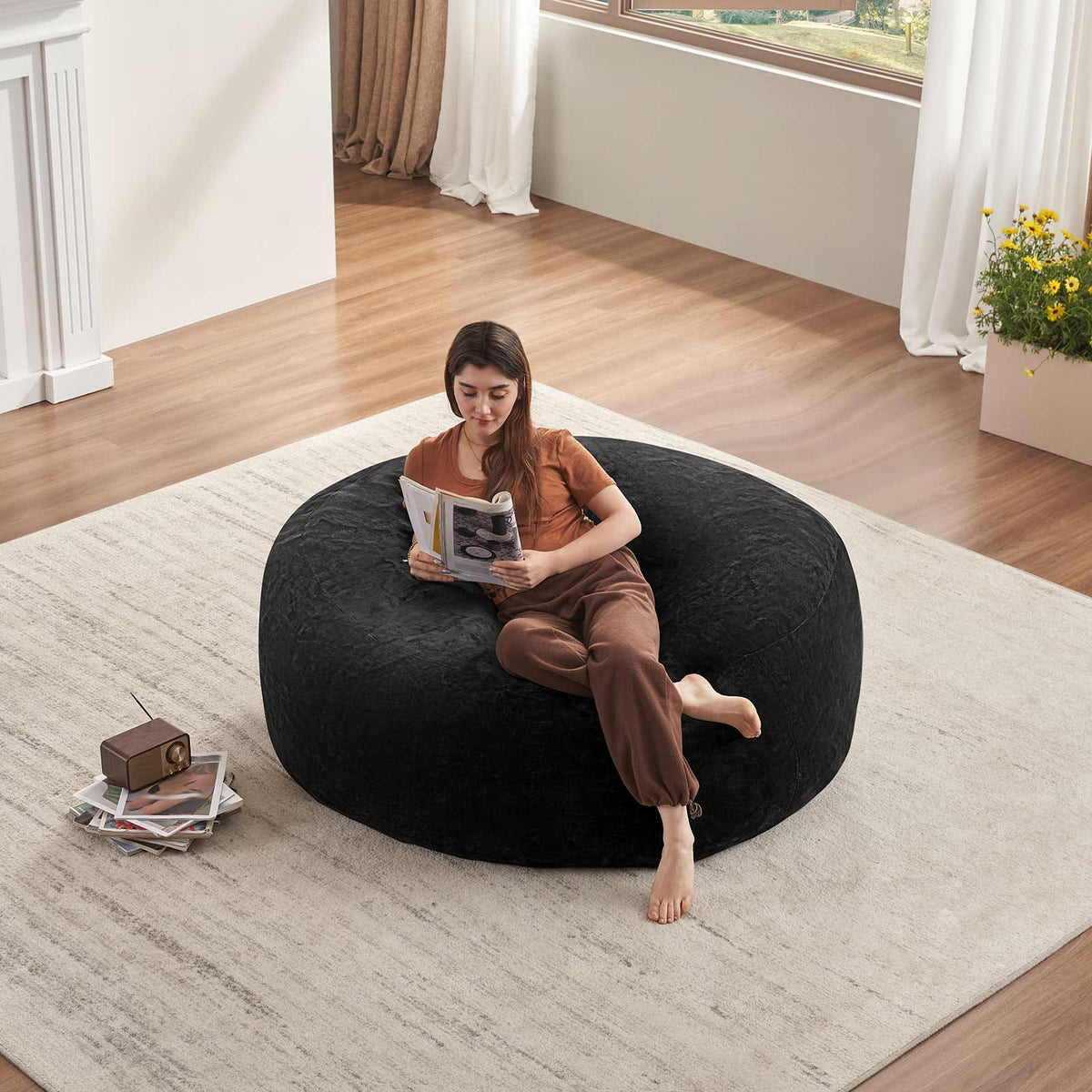 AEELLEEA 5FT Teddy Velvet Bean Bag Chair, Shredded Memory Foam Oversized Lazy Sofa, Removable Washable Cover for Living Room Bedroom