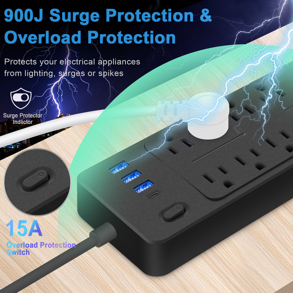 6 FT Surge Protector Power Strip, 10 Outlets 4 USB Ports(1 USB‑C), 14‑in‑1 Long Extension Cord, Flat Plug, 1700J, 1625W/13A, White