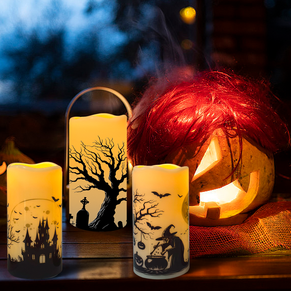 Halloween LED Flameless Flickering Candles,Horror stickers such as skeletons, spider webs, crows, ravens, etc., Halloween-themed indoor decorations (3-piece set, diameter 3 inches x height 6 inches)