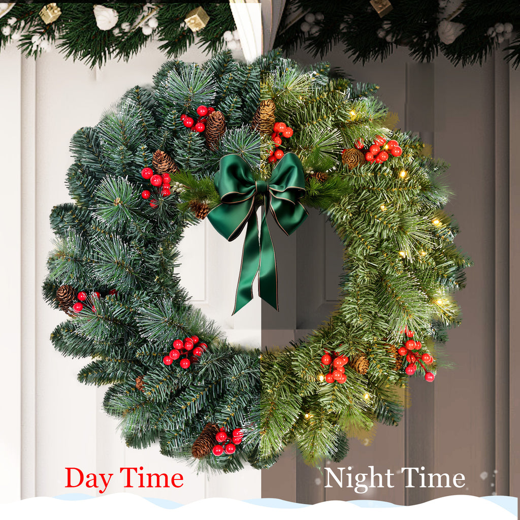 25" Pre-Lit Christmas Wreath with 70 Warm White LED Lights, Battery Operated Pine Needle Wreath with Berries & Pine Cones for Front Door.