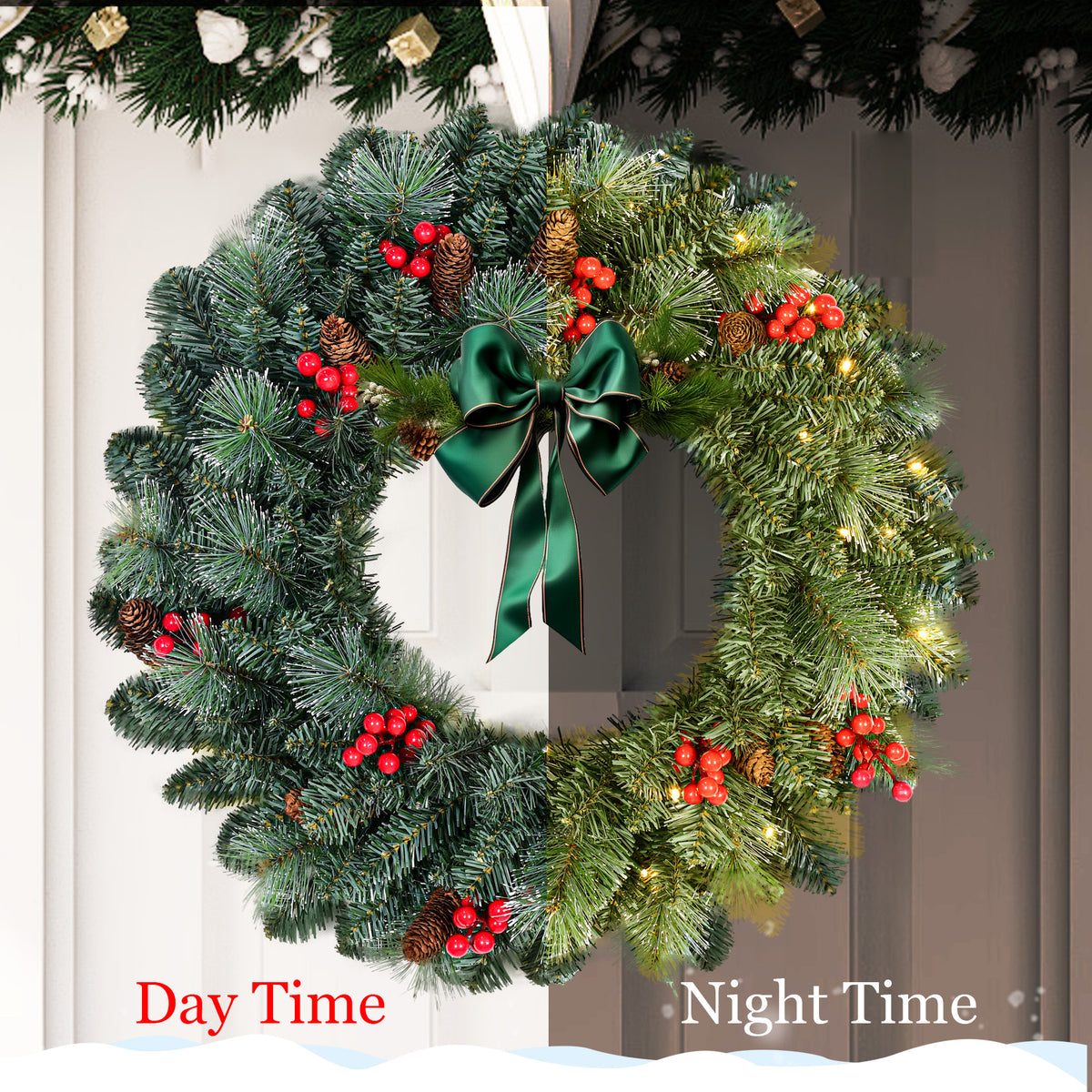 25" Pre-Lit Christmas Wreath with 70 Warm White LED Lights, Battery Operated Pine Needle Wreath with Berries & Pine Cones for Front Door.