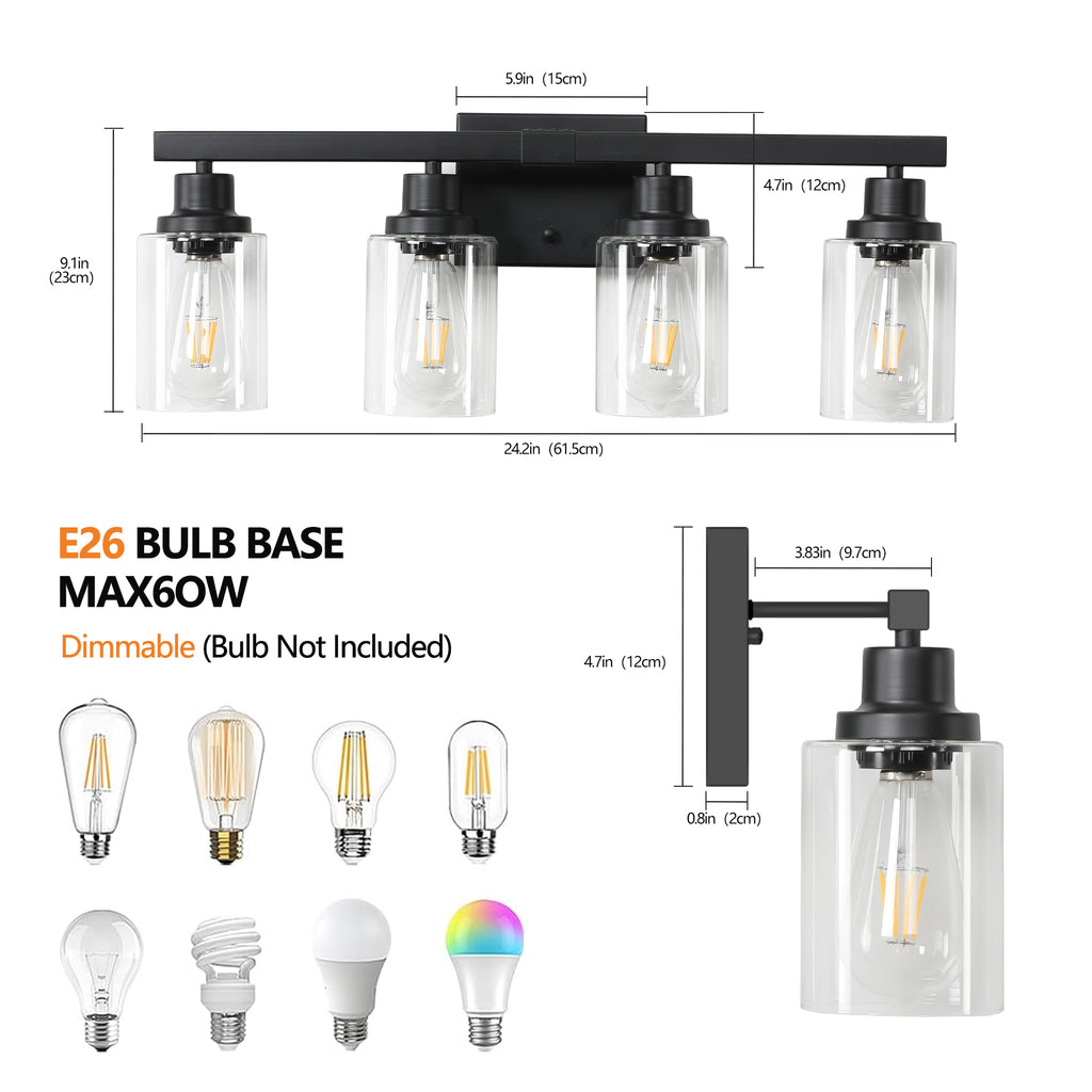 4-Light Vanity Makeup Mirror Lamp, Black Iron Base & Lamp Cup Connector, Clear Glass Lampshade, Wall Mounted Makeup Light for Dressing Table, Bedroom & Bathroom Home Decor
