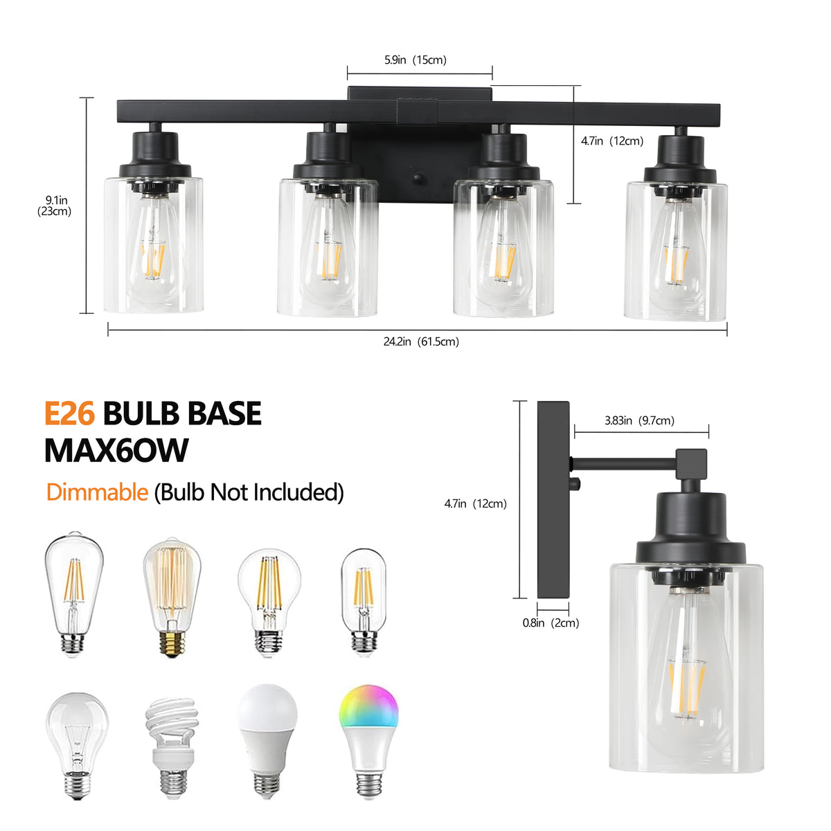 4-Light Vanity Makeup Mirror Lamp, Black Iron Base & Lamp Cup Connector, Clear Glass Lampshade, Wall Mounted Makeup Light for Dressing Table, Bedroom & Bathroom Home Decor