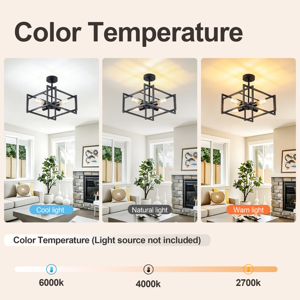 4-Light Semi Flush Mount Ceiling Light, Industrial Black Metal Square Cage Chandelier, Farmhouse Geometric Ceiling Lamp for Bedroom Living Room Hallway Entryway Home Decor