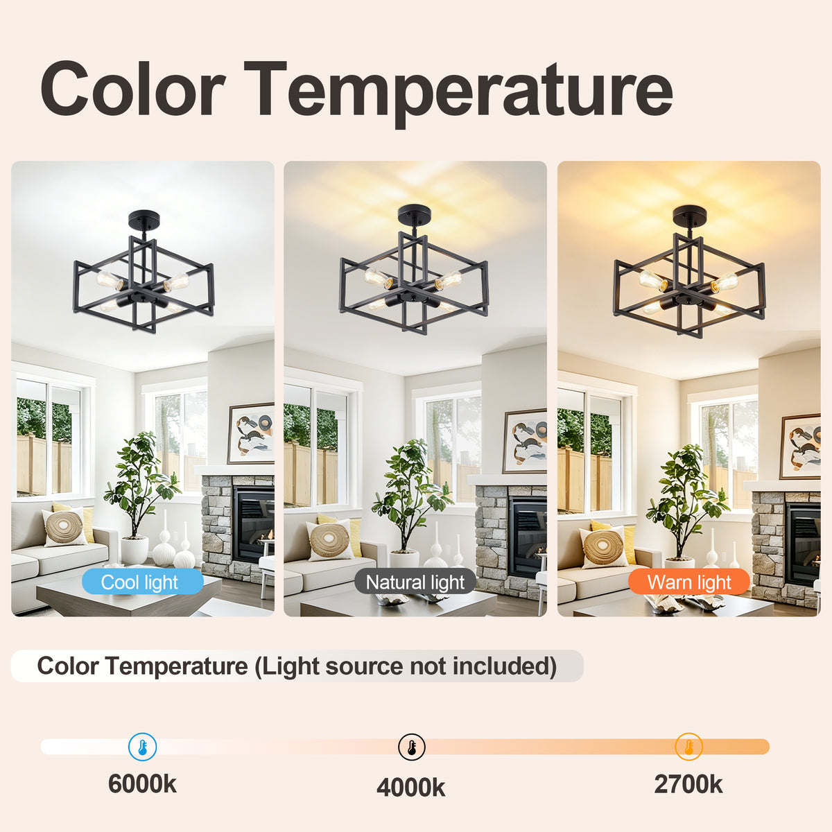 4-Light Semi Flush Mount Ceiling Light, Industrial Black Metal Square Cage Chandelier, Farmhouse Geometric Ceiling Lamp for Bedroom Living Room Hallway Entryway Home Decor