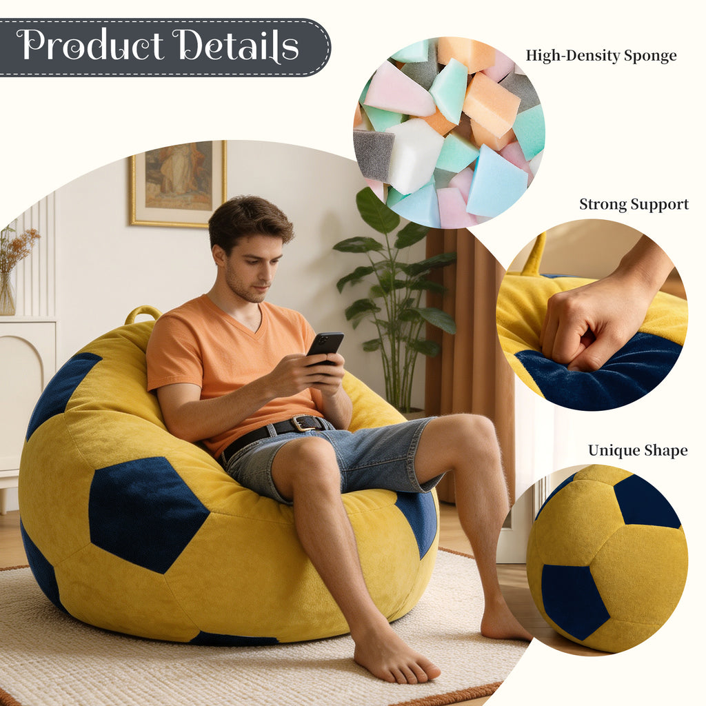 AEELLEEA Soccer Ball Bean Bag Chair for Adults, Oversized Foam Lounge Chair, Soft Flannel Floor Gaming Chair, Yellow and Blue