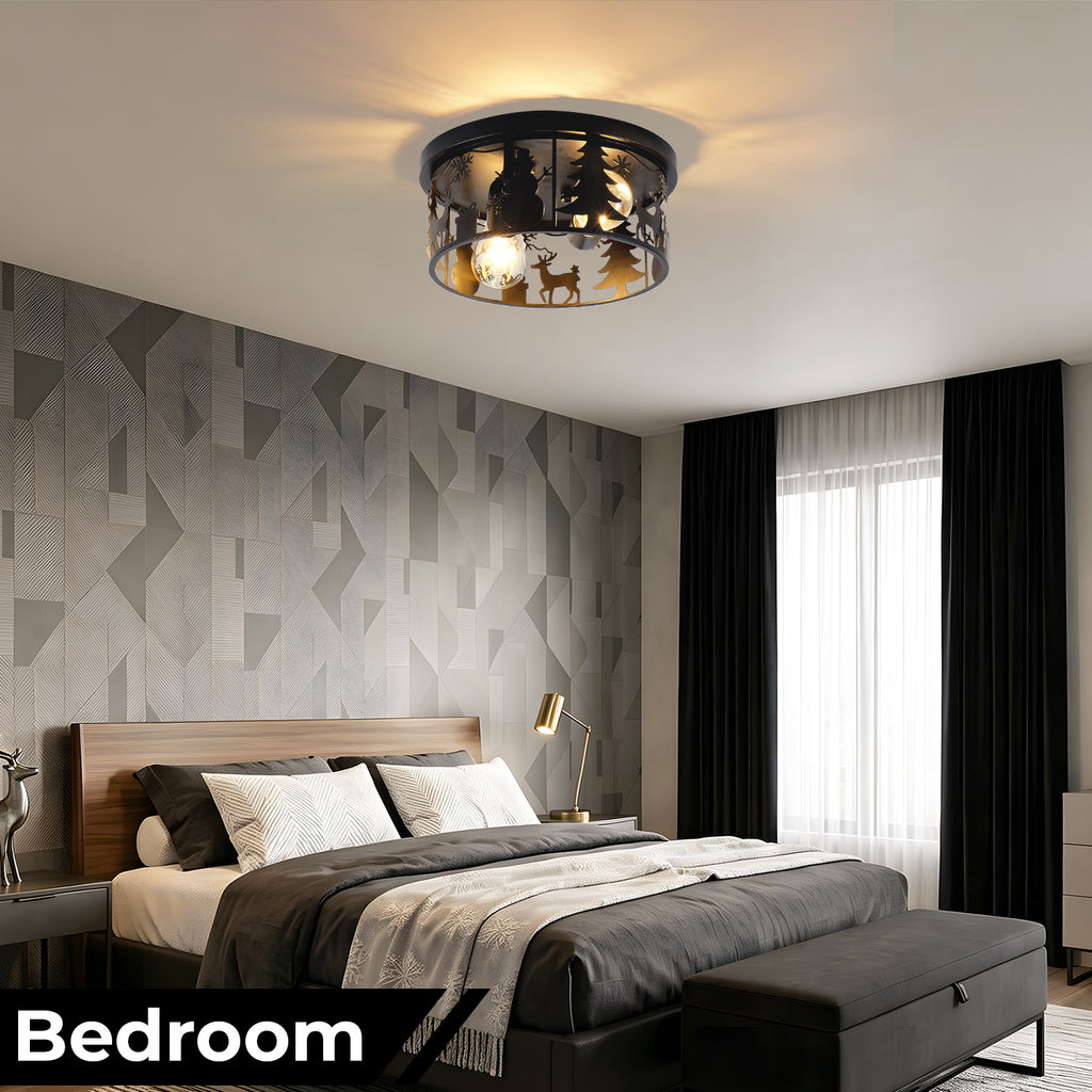 2 Pack Round Matte Black Flush Mount Ceiling Light, Christmas Snowman Deer Tree Cutout Iron Lamp, Vintage E26 Ceiling Light for Bedroom Hallway