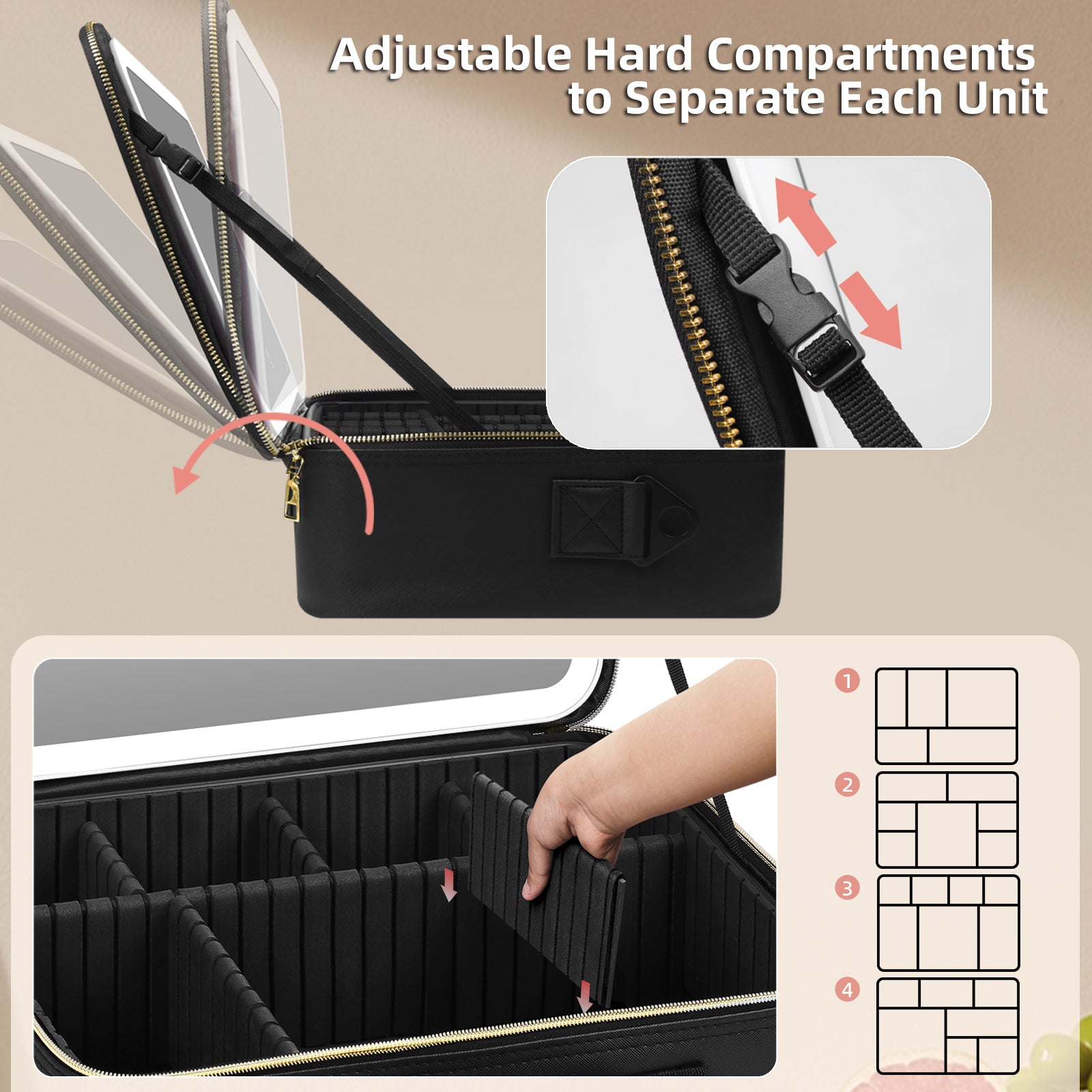 15" Lighted Makeup Organizer 3Color Mirror Adjustable Dividers Travel Ready