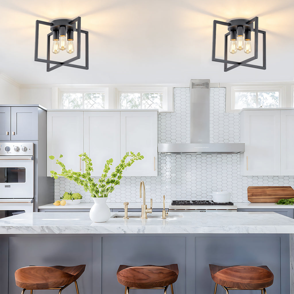 3-Light Semi Flush Mount Ceiling Light, Industrial Black Metal Geometric Square Cage Chandelier, Farmhouse Ceiling Lamp for Bedroom Living Room Hallway Entryway Home Decor