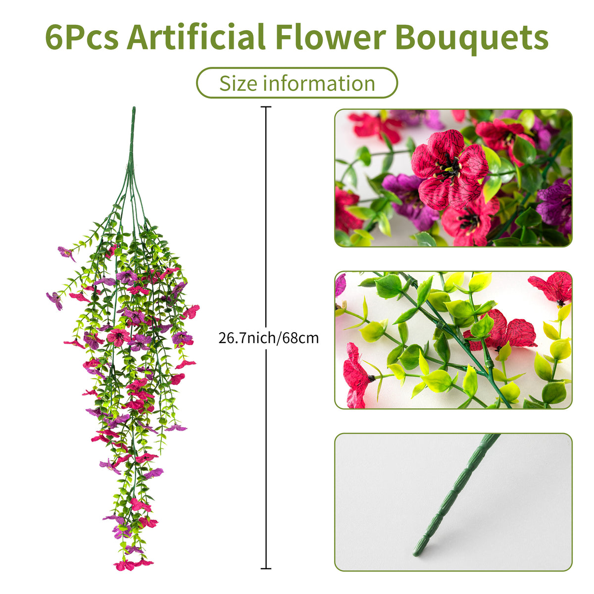 6Pcs Artificial Hanging Violet Flowers, 26.7in UV Resistant Fake Trailing Flower Vines for Porch Patio Outdoor Fall Decor