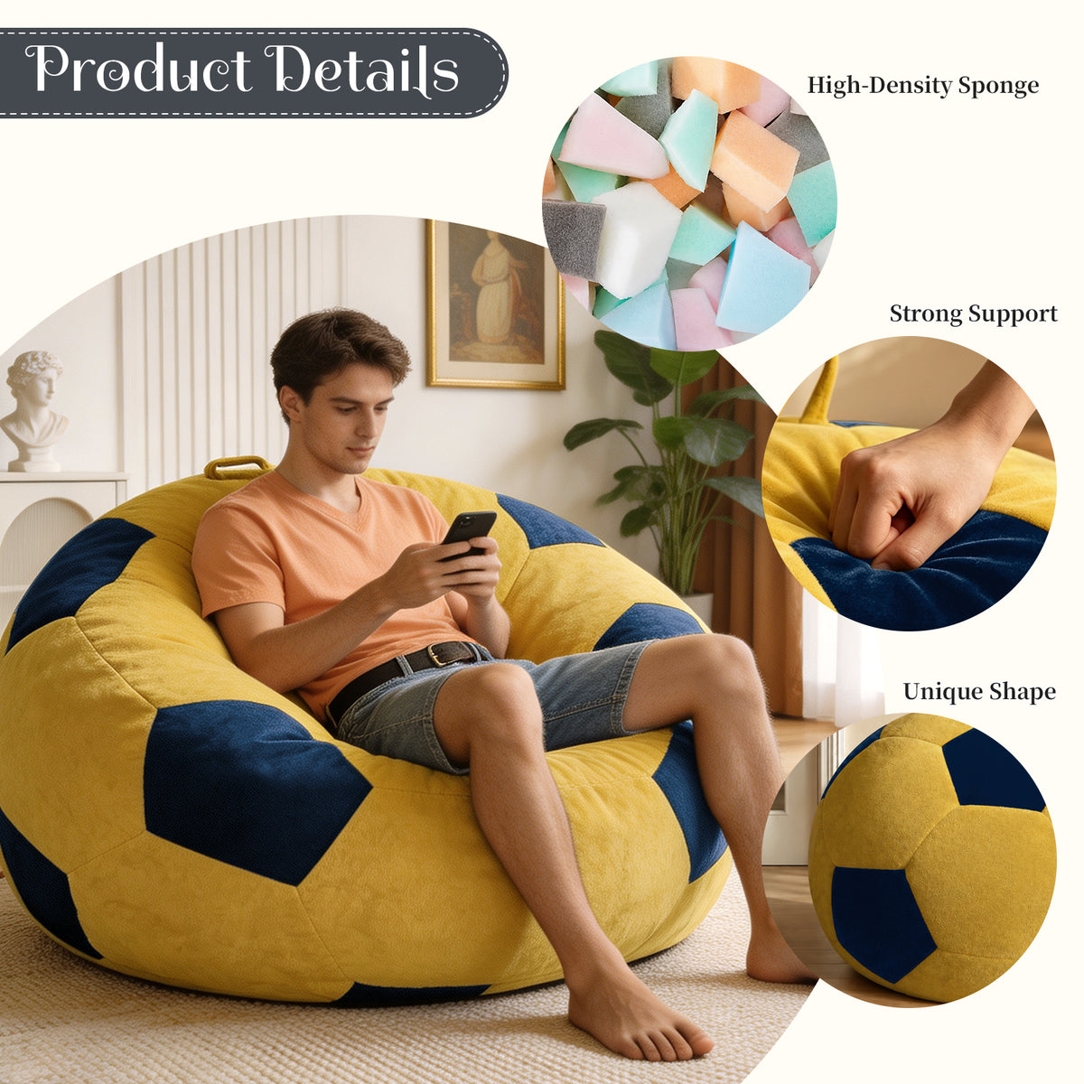 AEELLEEA Soccer Ball Bean Bag Chair for Adults, Oversized Foam Lounge Chair with Soft Flannel Fabric and Carry Handle, Yellow and Blue