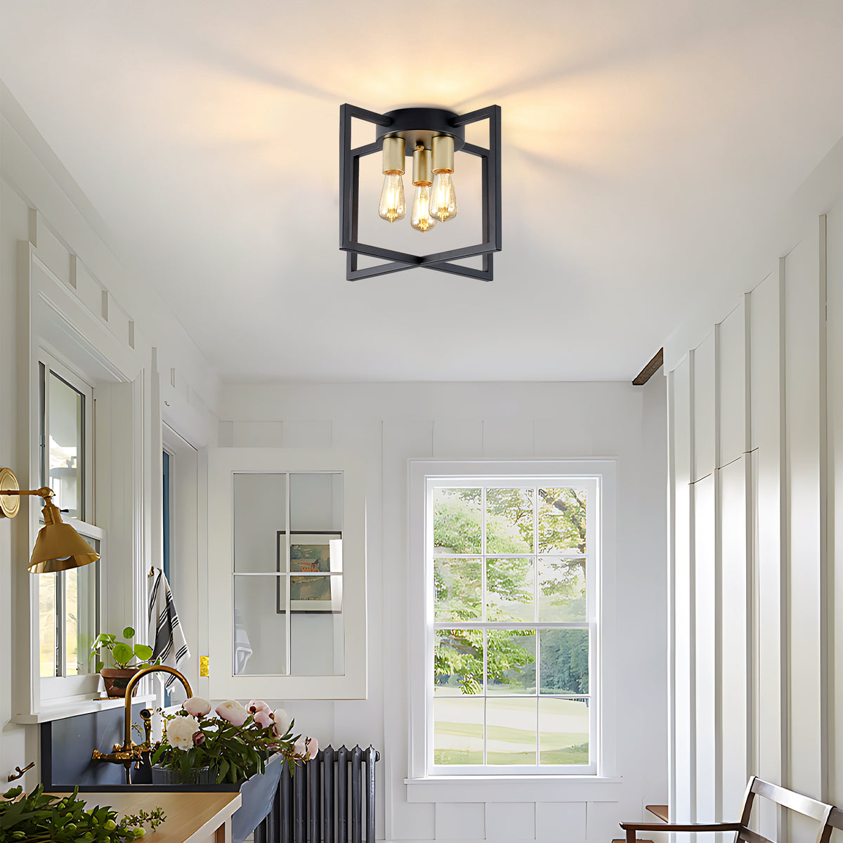 3-Light Semi Flush Mount Ceiling Light, Industrial Black Metal Geometric Square Frame with Gold Socket, Farmhouse Ceiling Lamp for Bedroom Living Room Hallway Entryway Home Decor