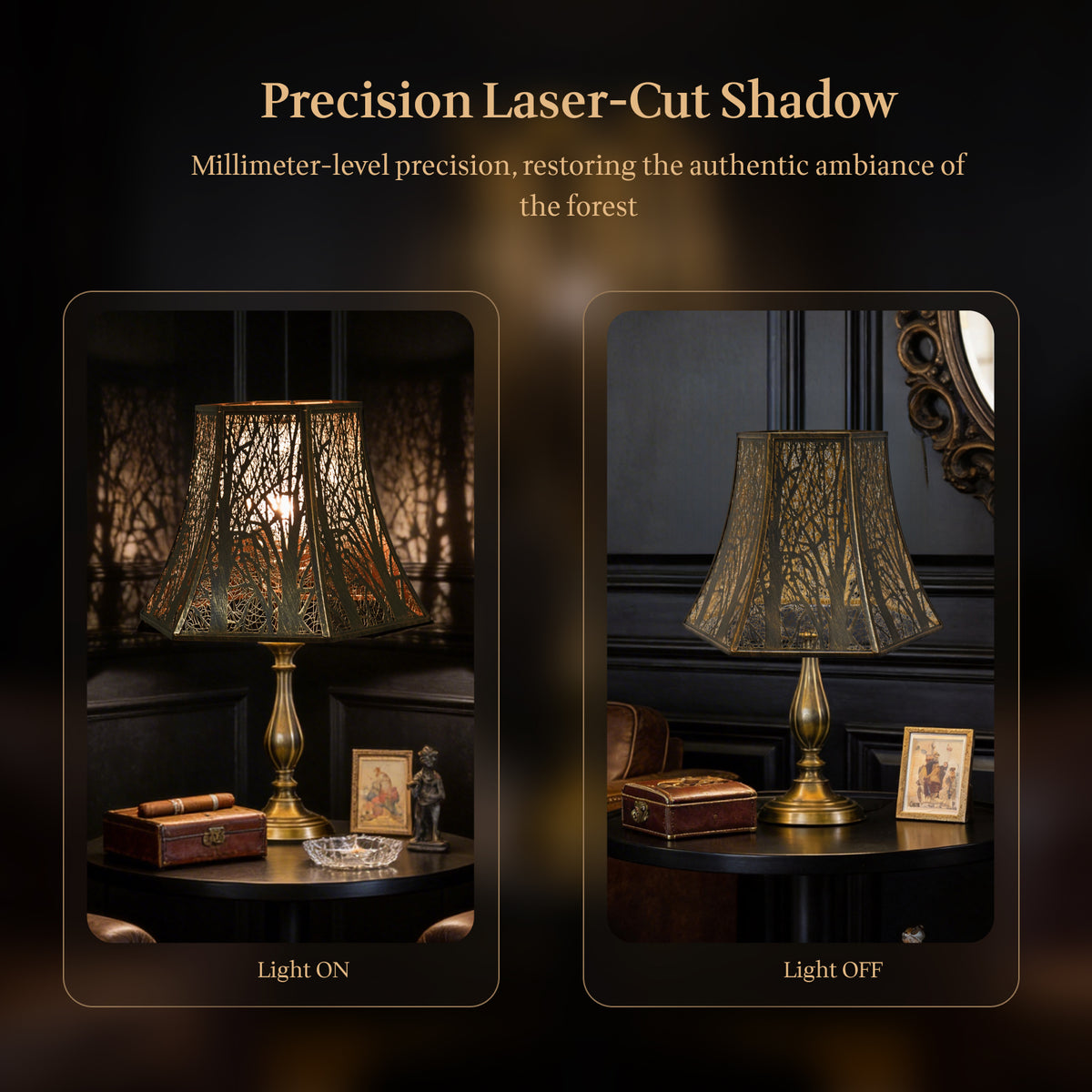 ALUCSET 6.2"×13"×10.8" Hexagonal Lamp Shade, Bronze Gold Forest Tree Etched Metal Lampshade with Spider Fitter for Table & Floor Lamps