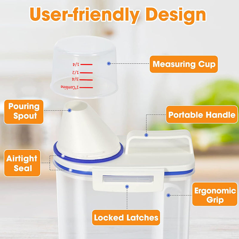 Airtight Cereal Containers Set of 4, 2.5L Plastic Food Storage Containers with Dispenser & Measuring Cup, Leakproof Canisters for Rice Flour Grain Oatmeal, Dry Pantry & Pet Cat Dog Food
