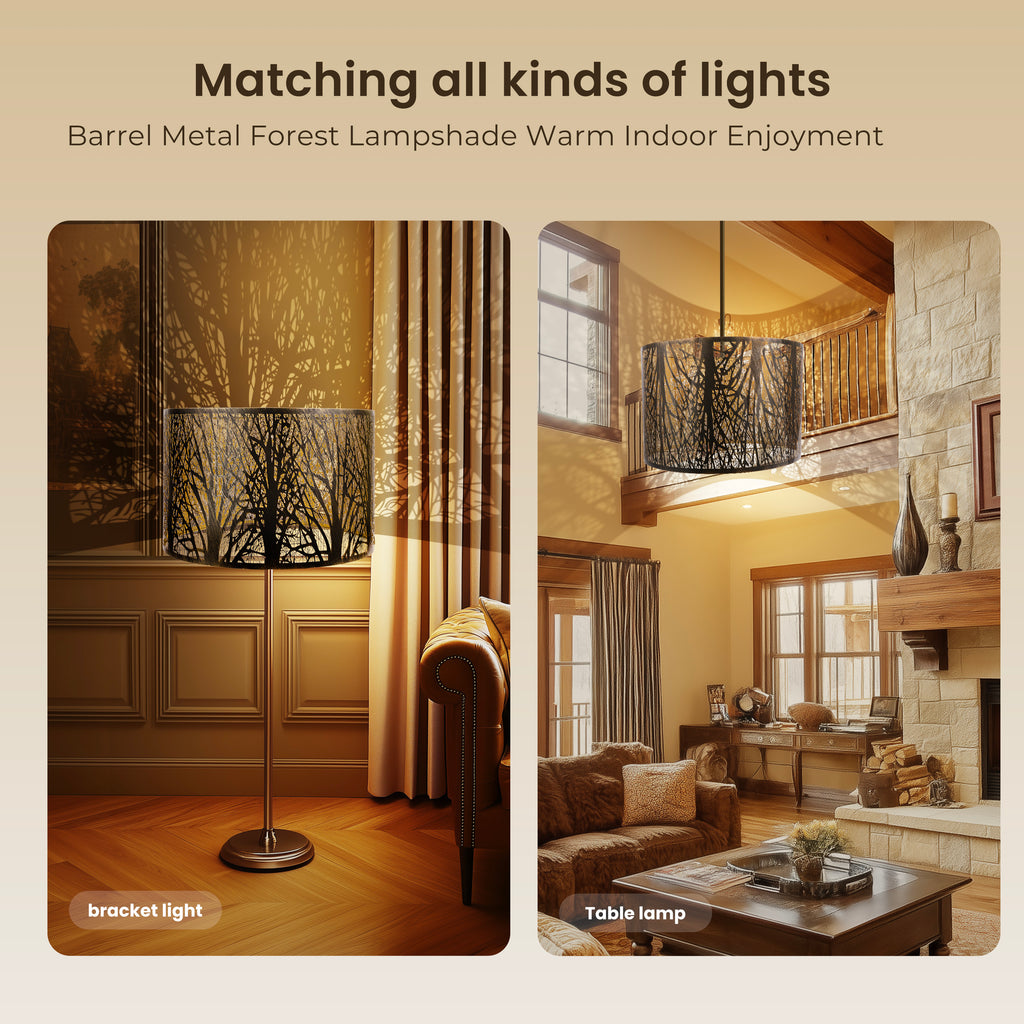 ALUCSET 18"×12" Drum Metal Lamp Shade, Black Gold Forest Etched Tree Shadow Lampshade with Spider Fitter for Table, Floor & Pendant Lights