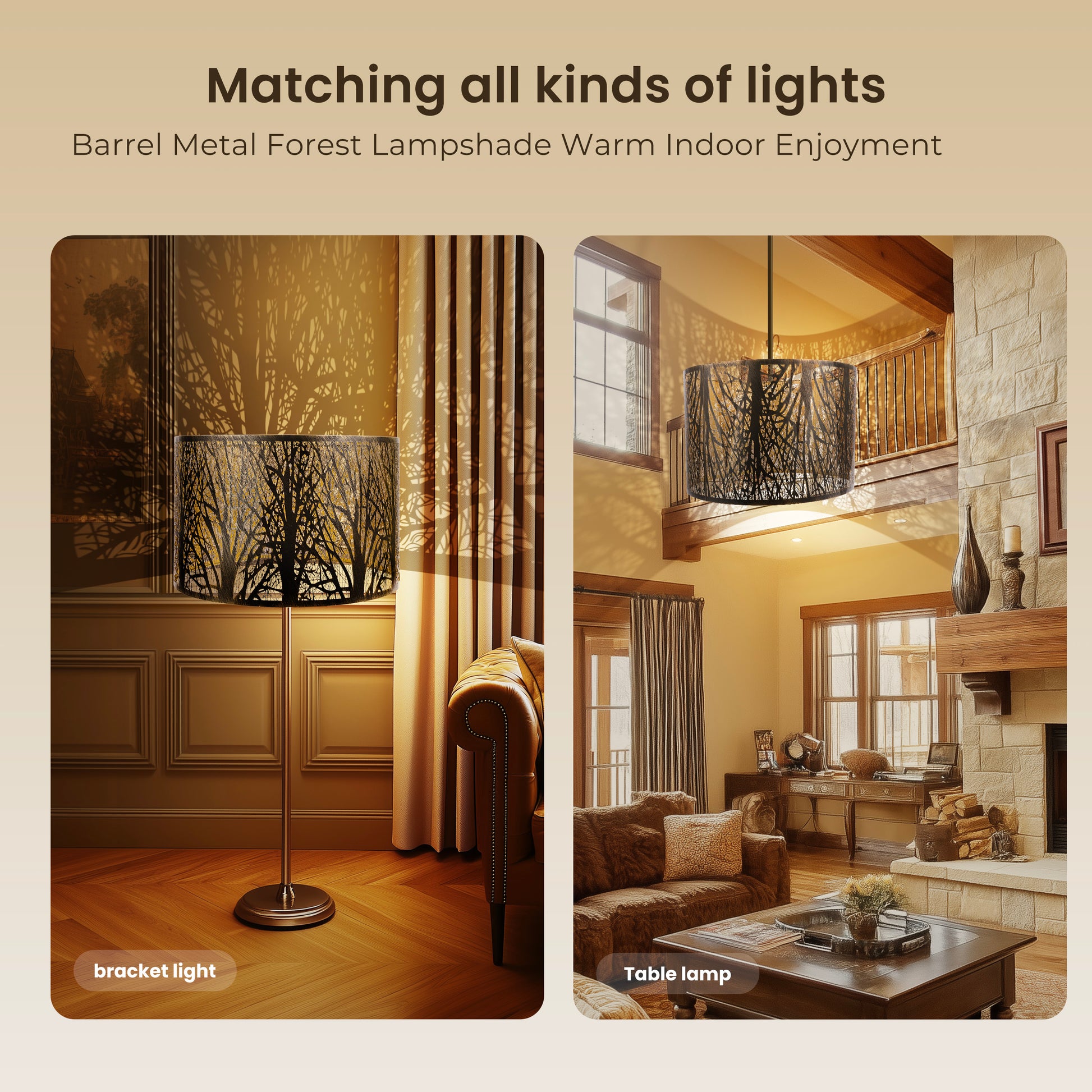 ALUCSET 18"×12" Drum Metal Lamp Shade, Black Gold Forest Etched Tree Shadow Lampshade with Spider Fitter for Table, Floor & Pendant Lights
