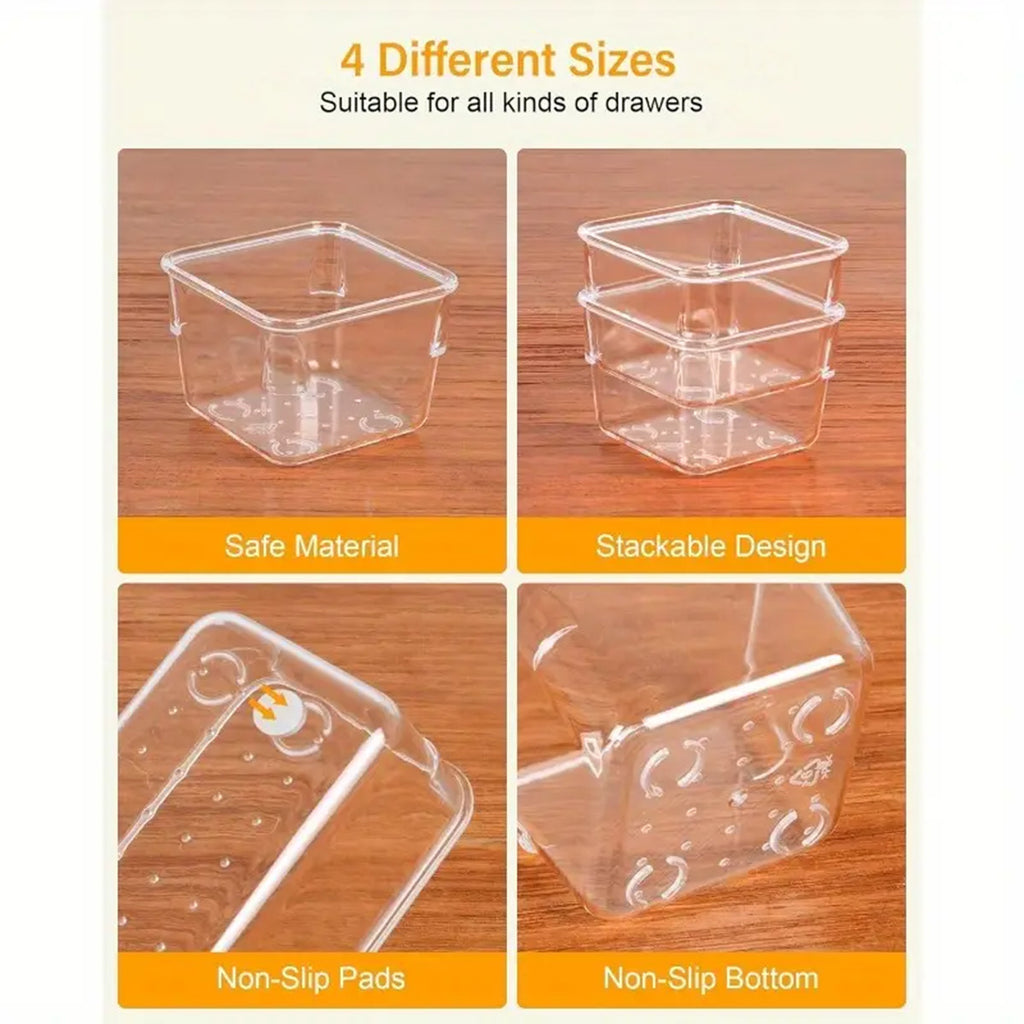 25 Pack Clear Plastic Drawer Organizer Trays, 4 Size Storage Bins with Non-Slip Mats, Multi-Use Drawer Dividers for Vanity Makeup, Jewelry, Kitchen Utensils, Bathroom & Office Desk Storage