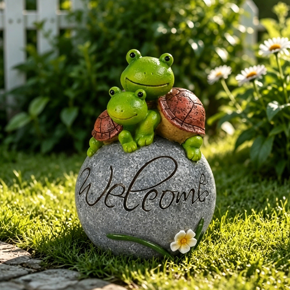 Two Welcome Turtle Statues on Rock, Resin Garden Lawn Ornament, Outdoor Sculpture Decor for Yard, Patio & Lawn, 8 x 5.5 Inches