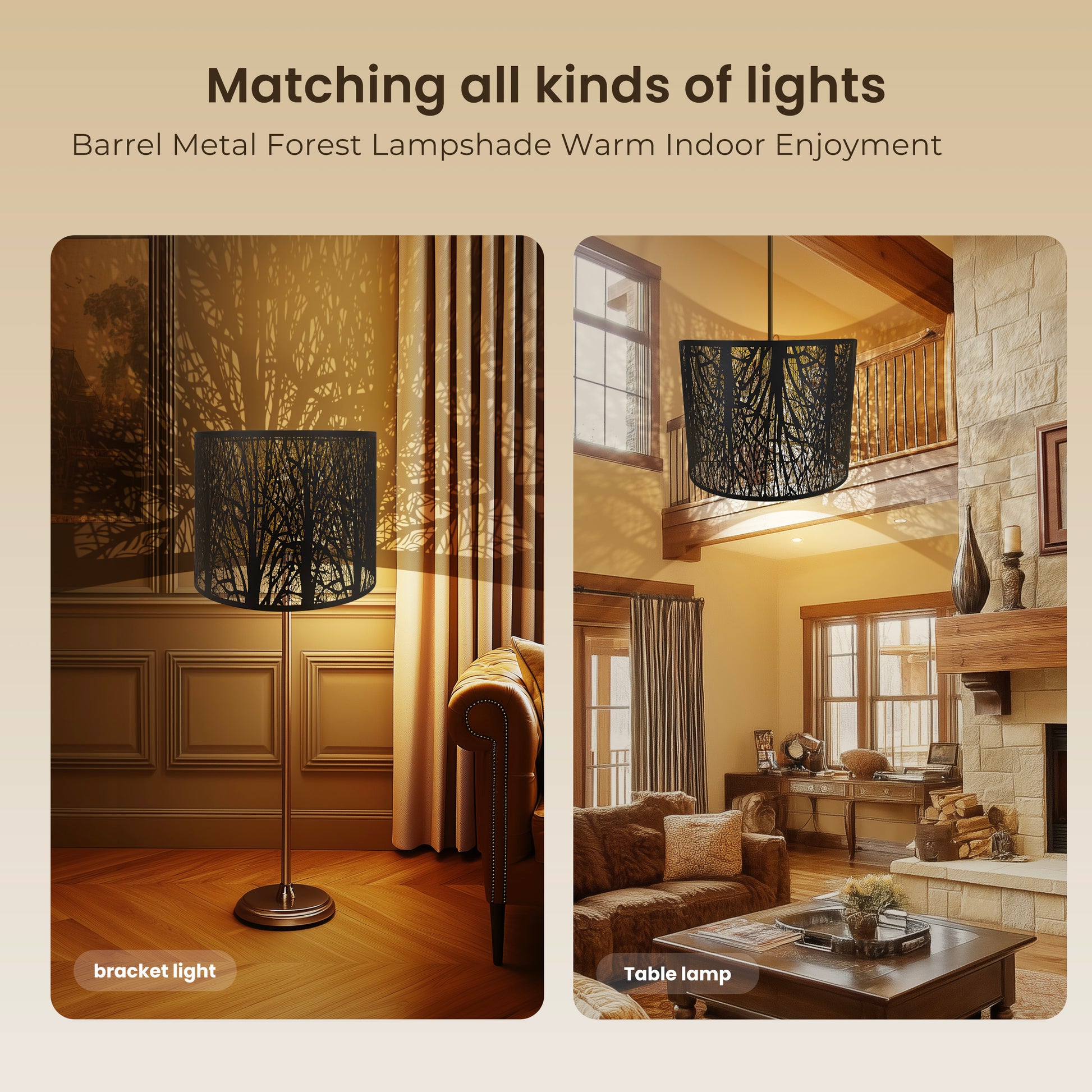 ALUCSET 14"×11" Drum Metal Lamp Shade, Black Gold Forest Etched Tree Shadow Lampshade with Spider Fitter for Table, Floor & Pendant Lights