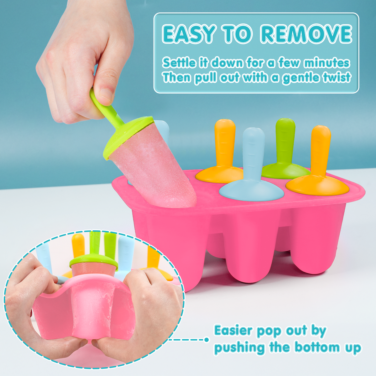 AEELLEEA 6 Cavity Silicone Popsicle Molds, BPA-Free Reusable Ice Pop Molds with Colorful Sticks, Easy Demold Frozen Treat Molds for Juice