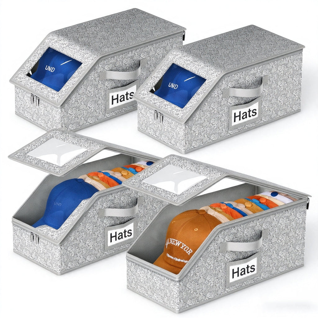 4 Pack Stackable Hat Storage for Baseball Caps, Holds up to 12 Caps Each, Grey Hat Organizer for Closet, Sturdy Cardboard Hat Boxes for Men