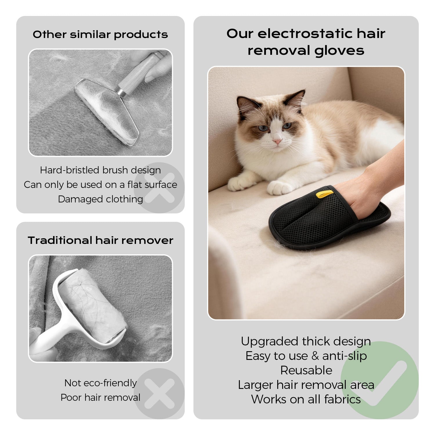 Upgrade Pet Hair Remover Electrostatic Gloves, Reusable Pet Hair Removal Glove for Cats & Dogs, Premium Cat & Dog Hair Remover Mitt for Couch Furniture Carpet Car Seat