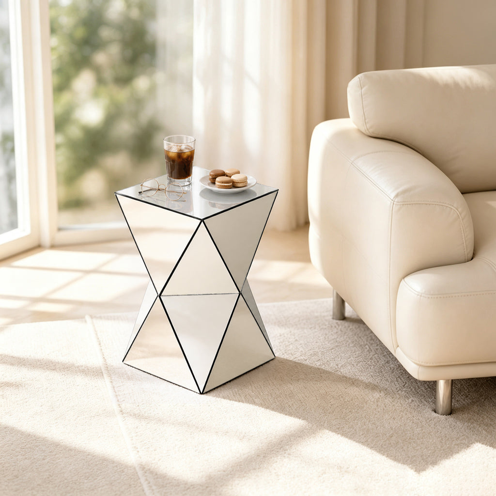 AEELLEEA 12.6 in Mirrored Geometric Side Table, Silver Square Accent End Table, Modern Nightstand for Living Room Bedroom