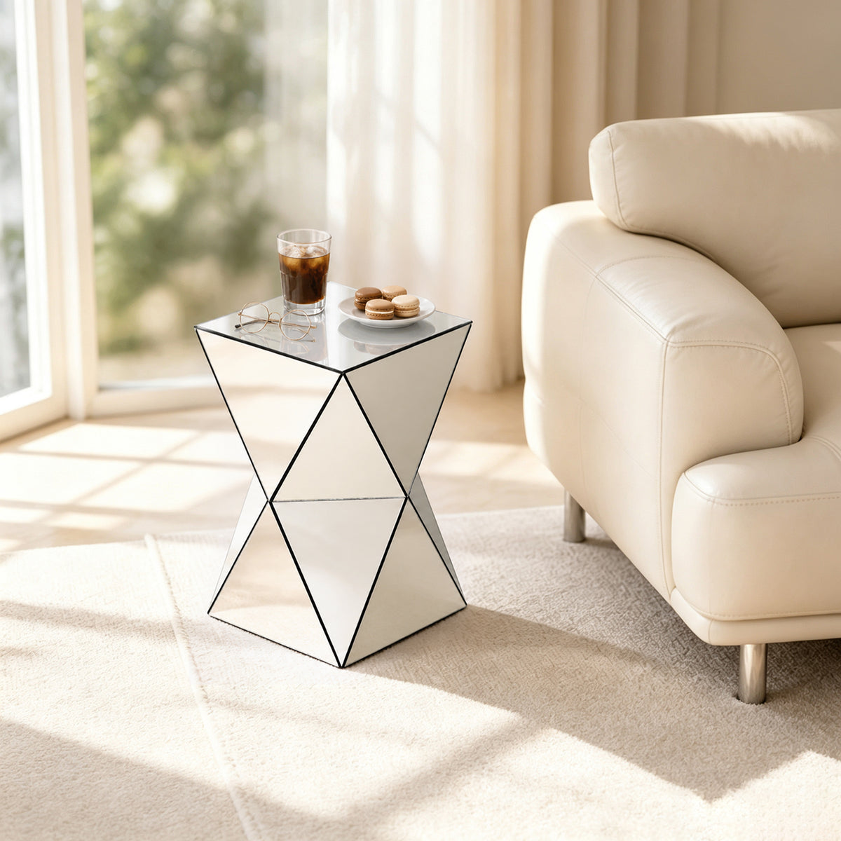 AEELLEEA 12.6 in Mirrored Geometric Side Table, Silver Square Accent End Table, Modern Nightstand for Living Room Bedroom