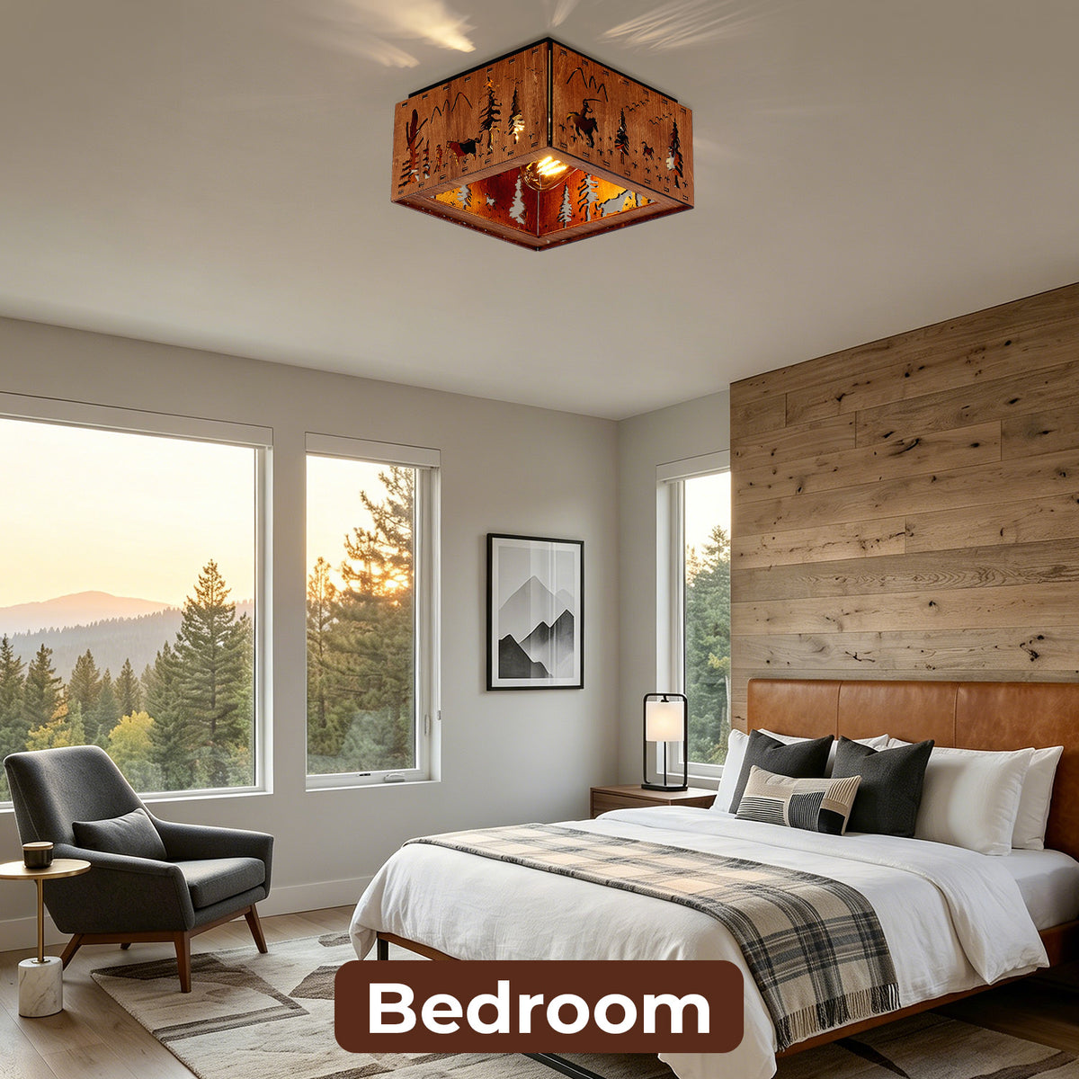 Square Walnut Flush Mount Ceiling Light, Tropical Palm Tree Cutout Wood Iron Ceiling Lamp with E26 Socket, Vintage Rustic Ceiling Light for Bedroom Hallway
