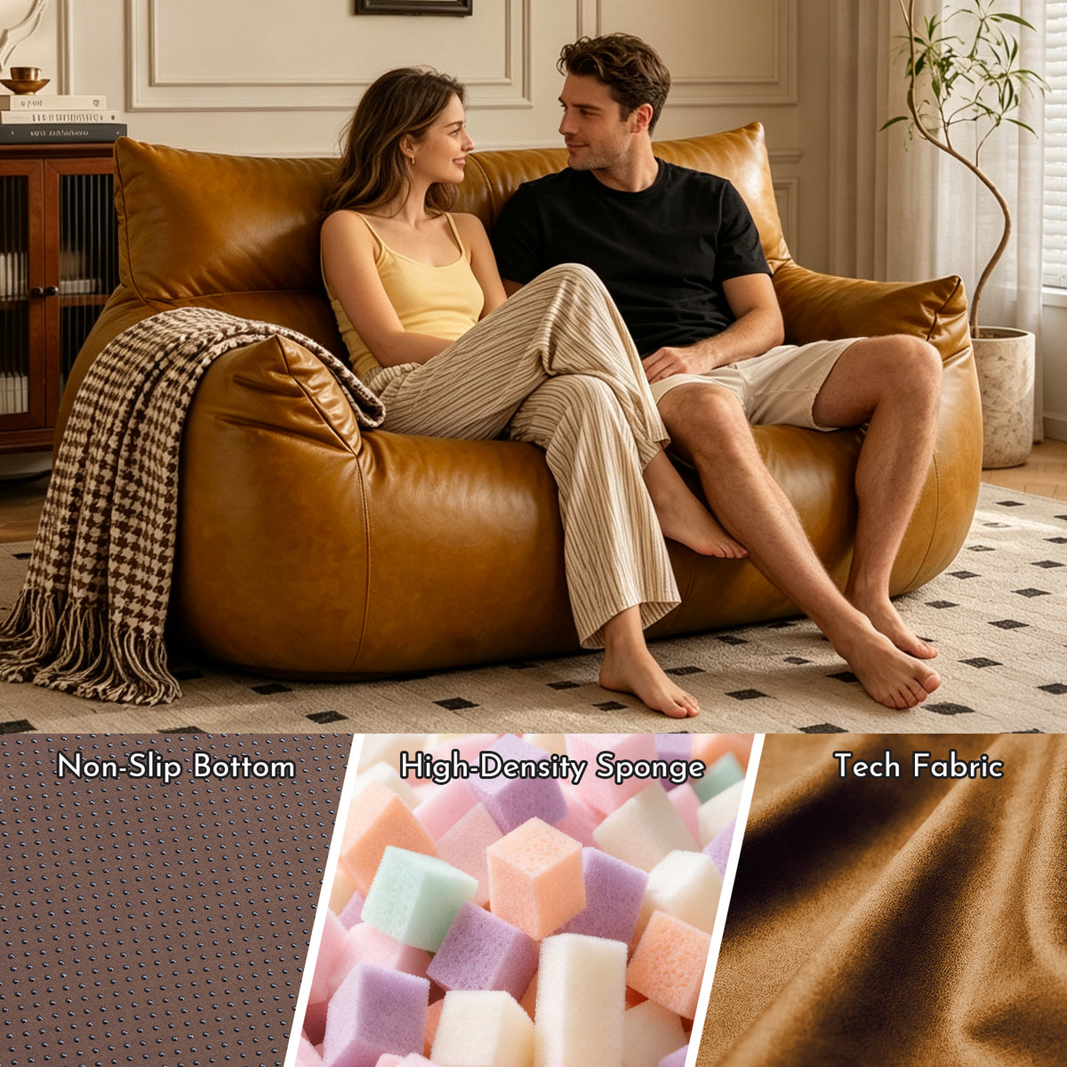AEELLEEA 2-Seater Bean Bag Sofa, Faux Leather Loveseat with Foam Filling, Backrest and Armrests, Brown