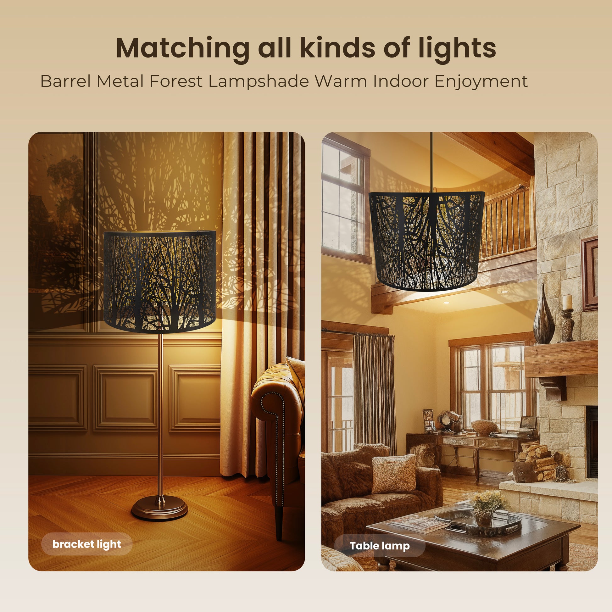 ALUCSET 16"×12" Drum Metal Lamp Shade, Black Gold Forest Etched Tree Shadow Lampshade with Spider Fitter for Table, Floor & Pendant Lights