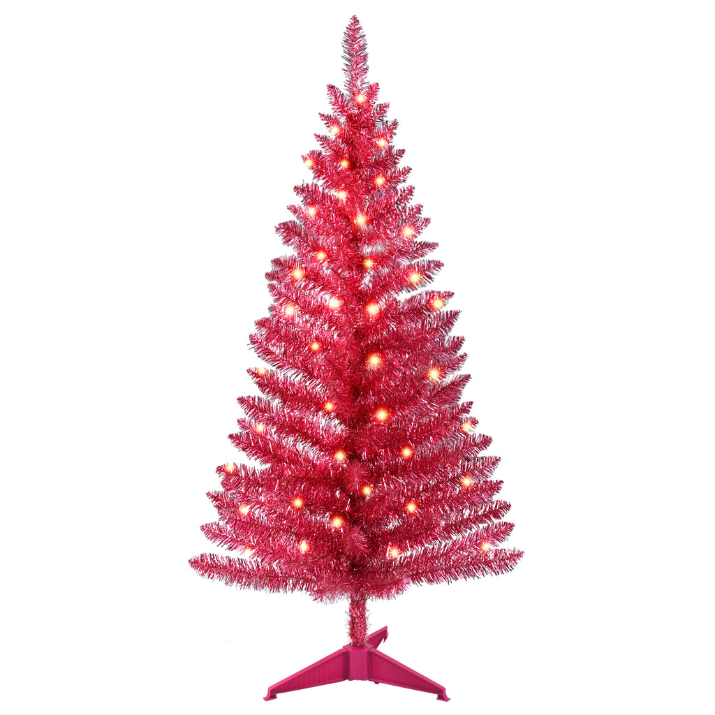 4 FT Red Christmas Tree with 50 Pre-strung UL Lights, 122 Tips Hinged Artificial Holiday Tree with Plastic Stand for Indoor Home Decor.