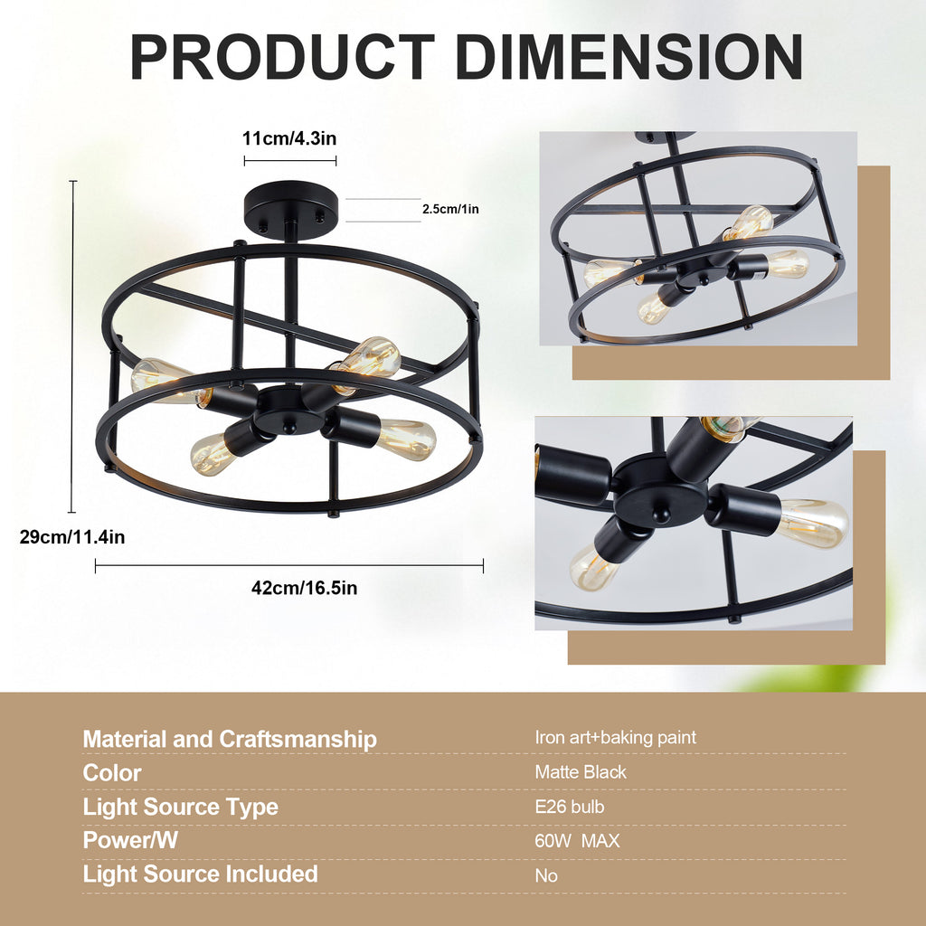 4-Light Semi Flush Mount Ceiling Light, Industrial Black Metal Circular Frame Cage Chandelier, Farmhouse Ceiling Lamp for Bedroom Living Room Hallway Entryway Home Decor