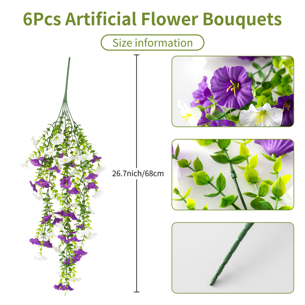 6Pcs Artificial Hanging Morning Glory Flowers, 26.7in UV Resistant Fake Trailing Flower Vines for Porch Patio Outdoor Fall Decor