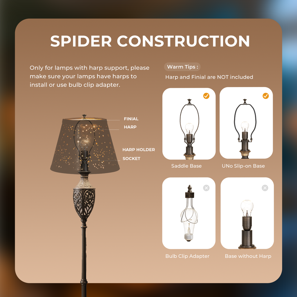ALUCSET Set of 2 Natural Linen Bell Lamp Shades – Spider Fitter, 7" Top x 11" Bottom x 8"H, Black/Gold, Harp Holder Included