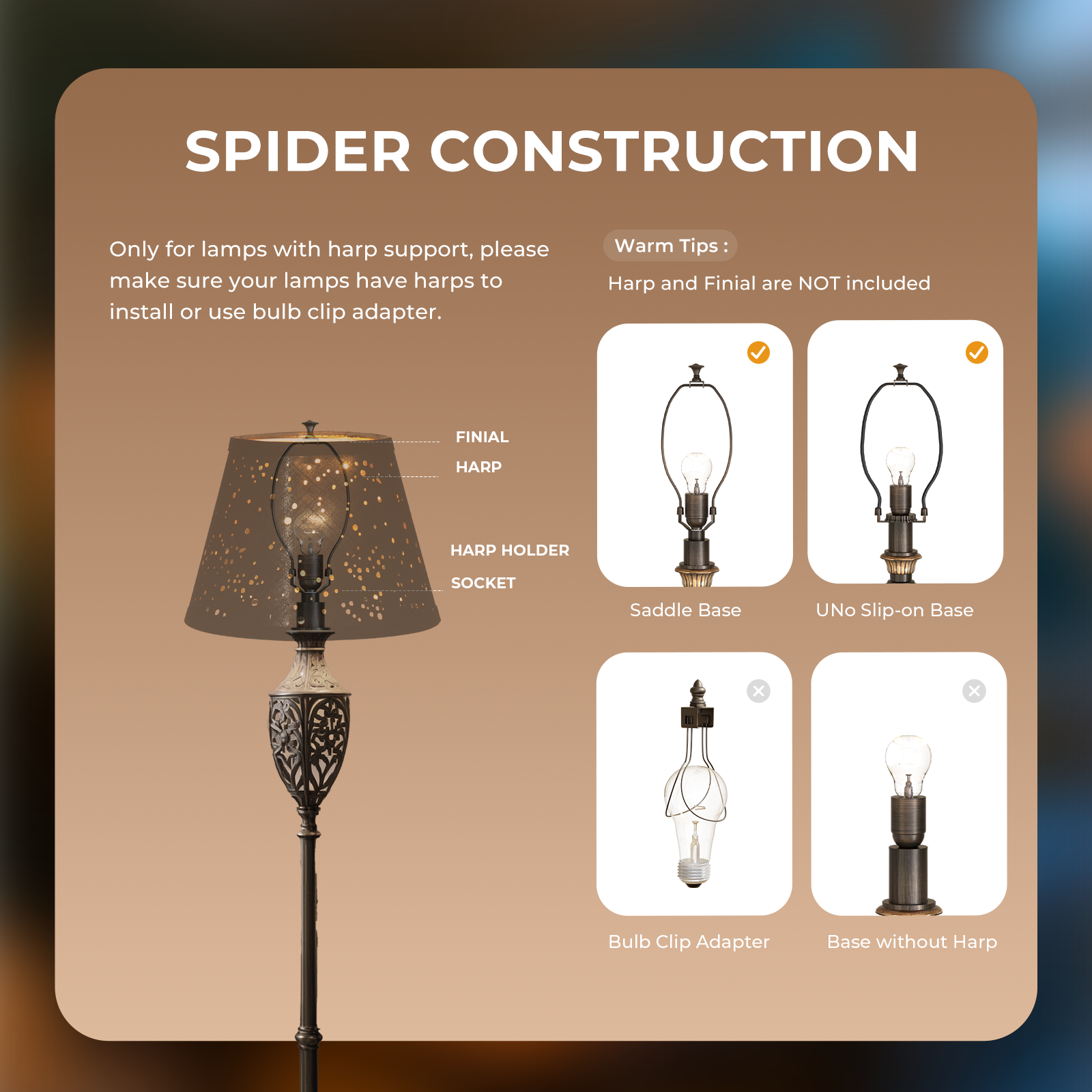 ALUCSET Set of 2 Natural Linen Bell Lamp Shades – Spider Fitter, 7" Top x 11" Bottom x 8"H, Black/Gold, Harp Holder Included