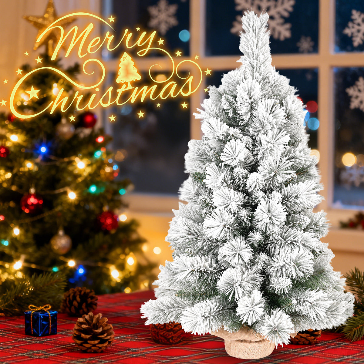 2.5ft Flocked Artificial Christmas Tree with Burlap Base, Snowy Tabletop Holiday Tree for Indoor Christmas Decor